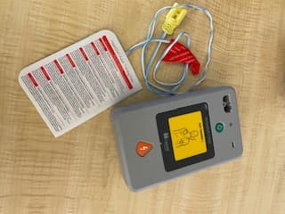 Close-up of an AED trainer used in class.